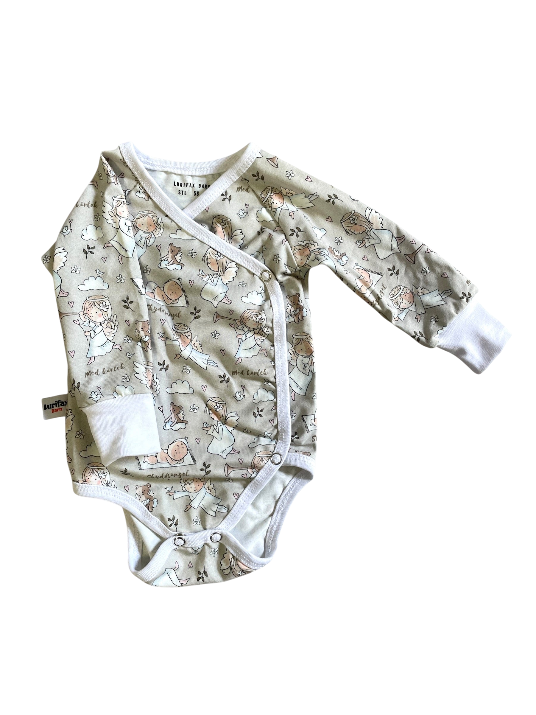 Omlottbody för baby med skyddsänglar, vitt kantband och tryckknappar