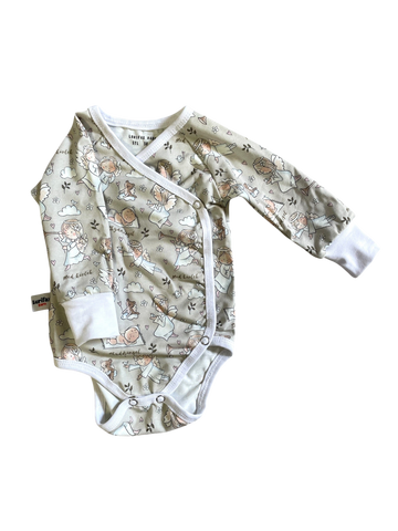 Omlottbody för baby med skyddsänglar, vitt kantband och tryckknappar