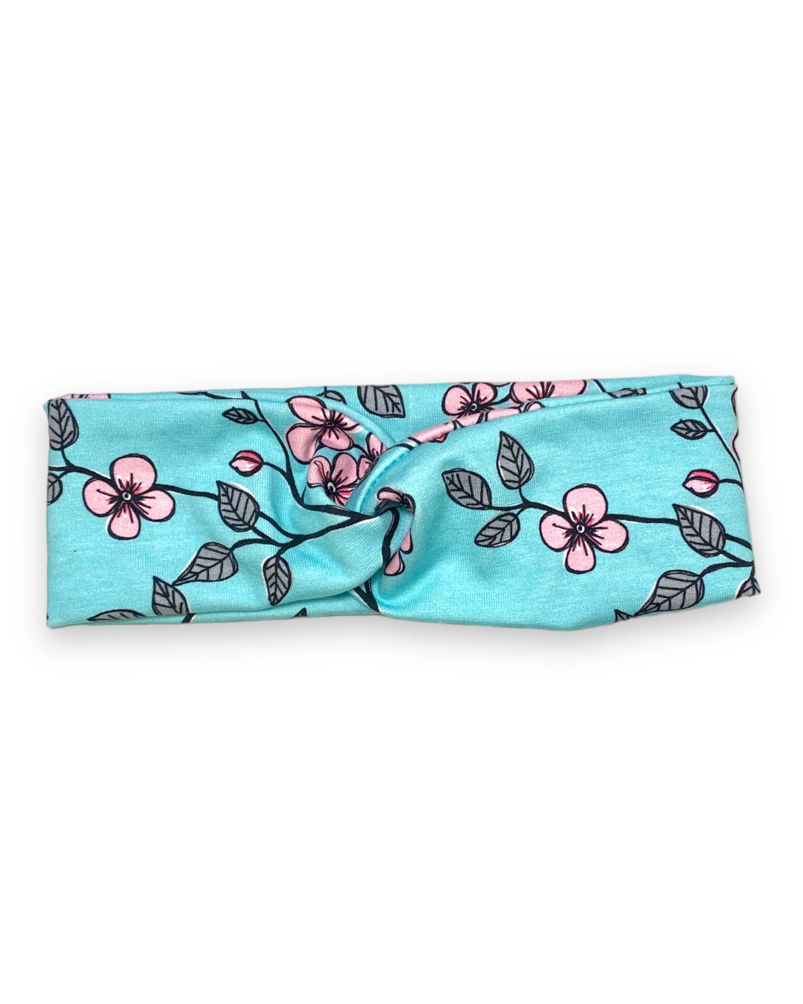 Hårband för barn i mint med blommor och fåglar, sytt för hand.
