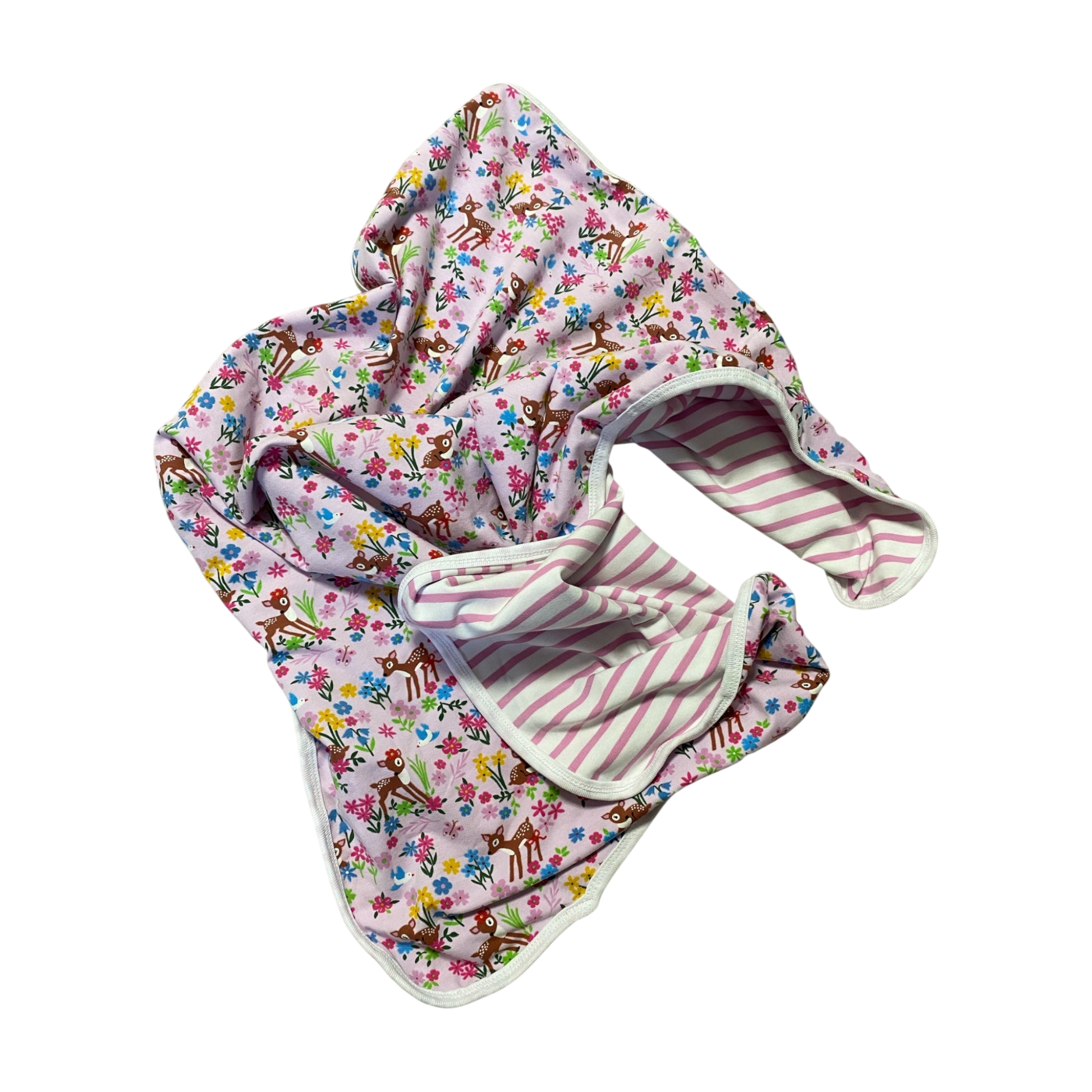 Babyfilt i rosa med rådjur och kantband i bomull.