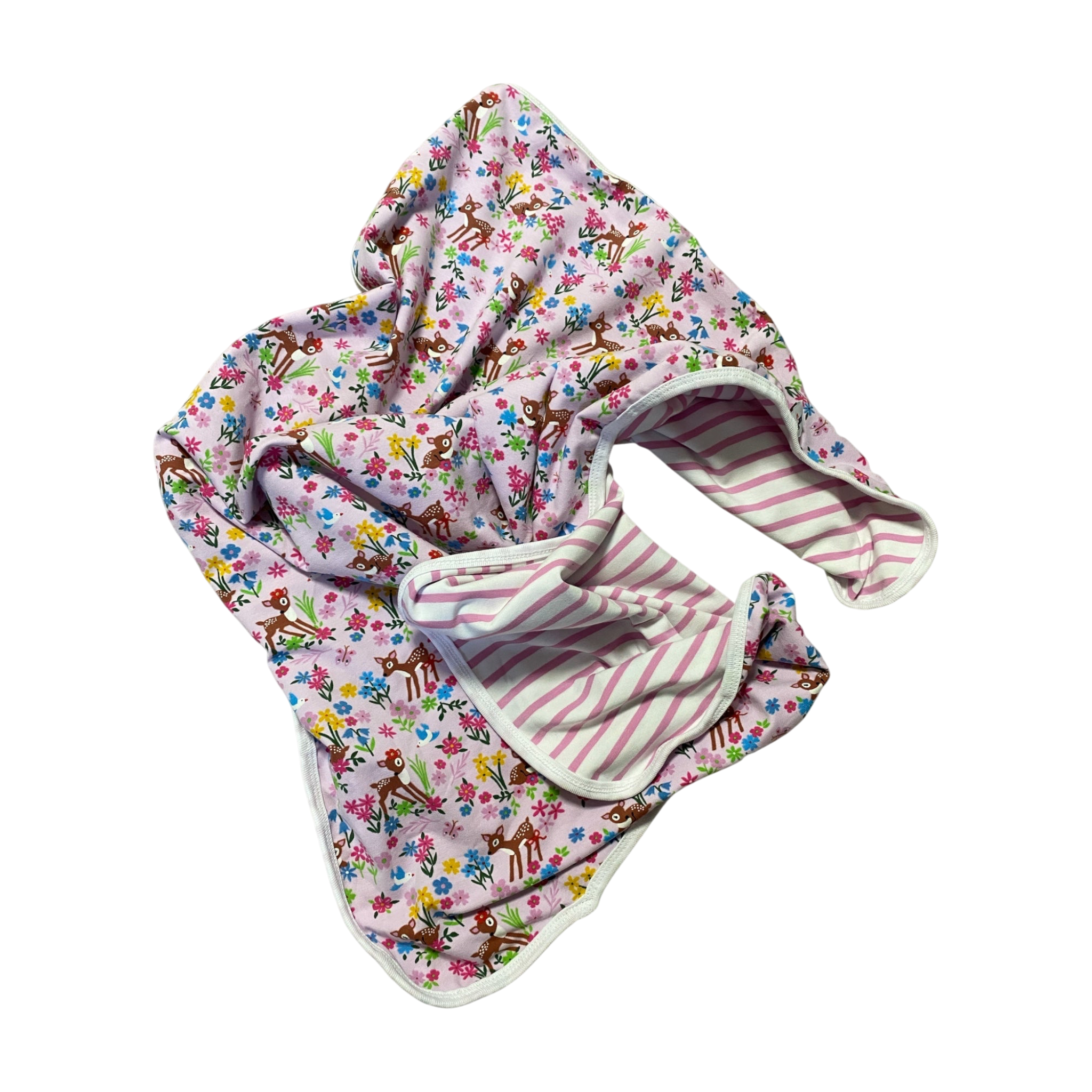 Babyfilt i rosa med rådjur och kantband i bomull.
