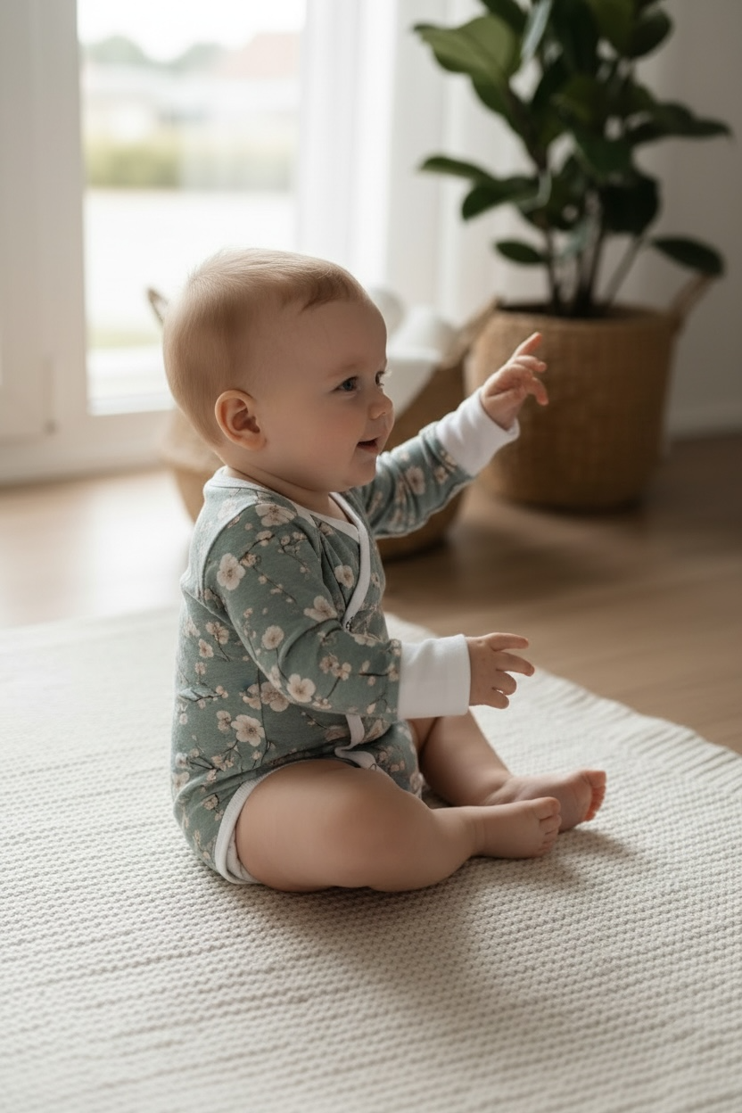 Omlottbody för baby med körsbarsblom, långärmad i ekologisk bomull