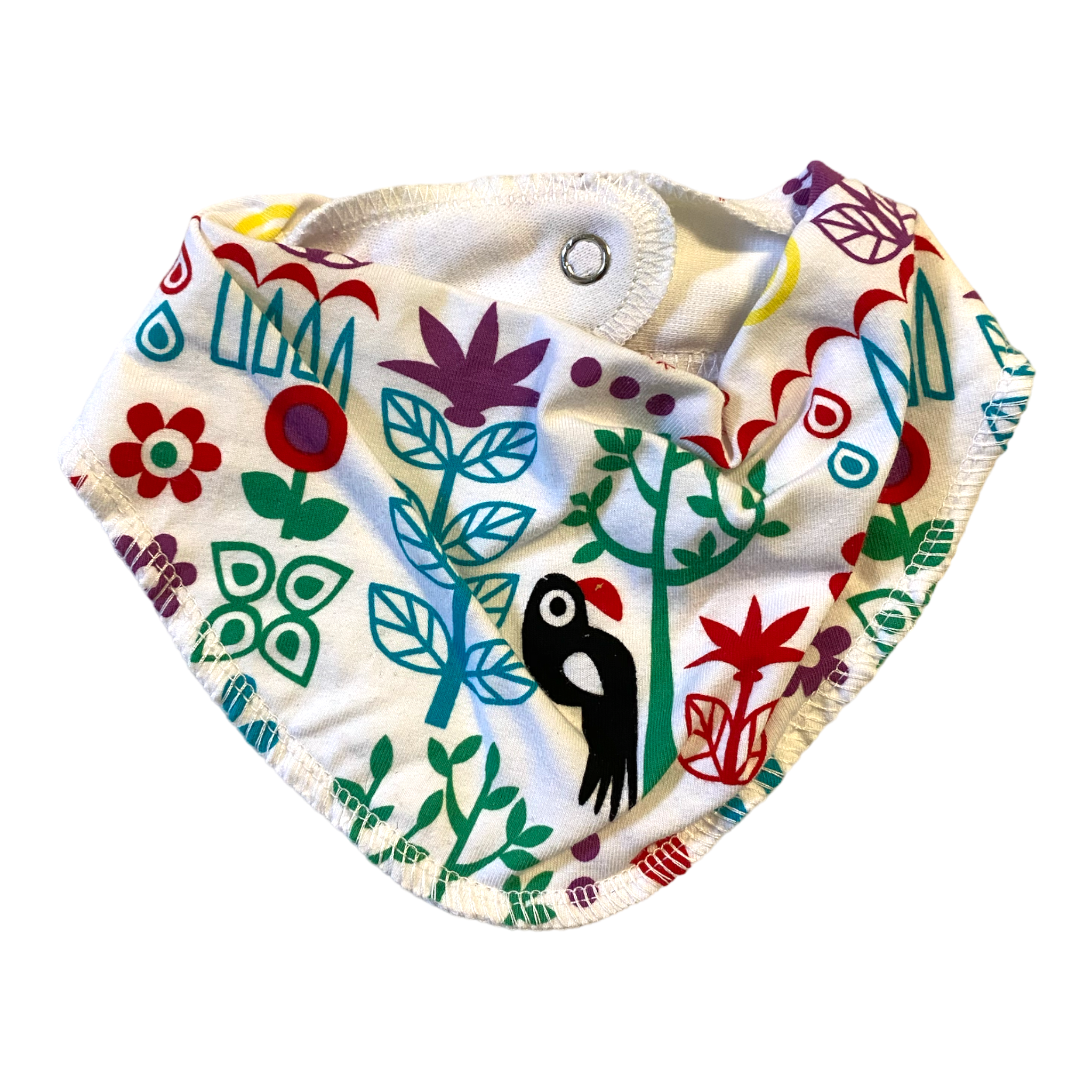 Dregglis för baby med vita blommor och fåglar, dubbelt tyg med tryckknapp.