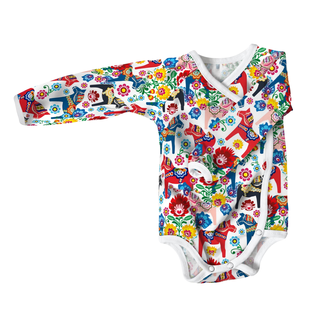 Omlottbody för baby med dalahästmönster, mjukt kantband och tryckknappar.