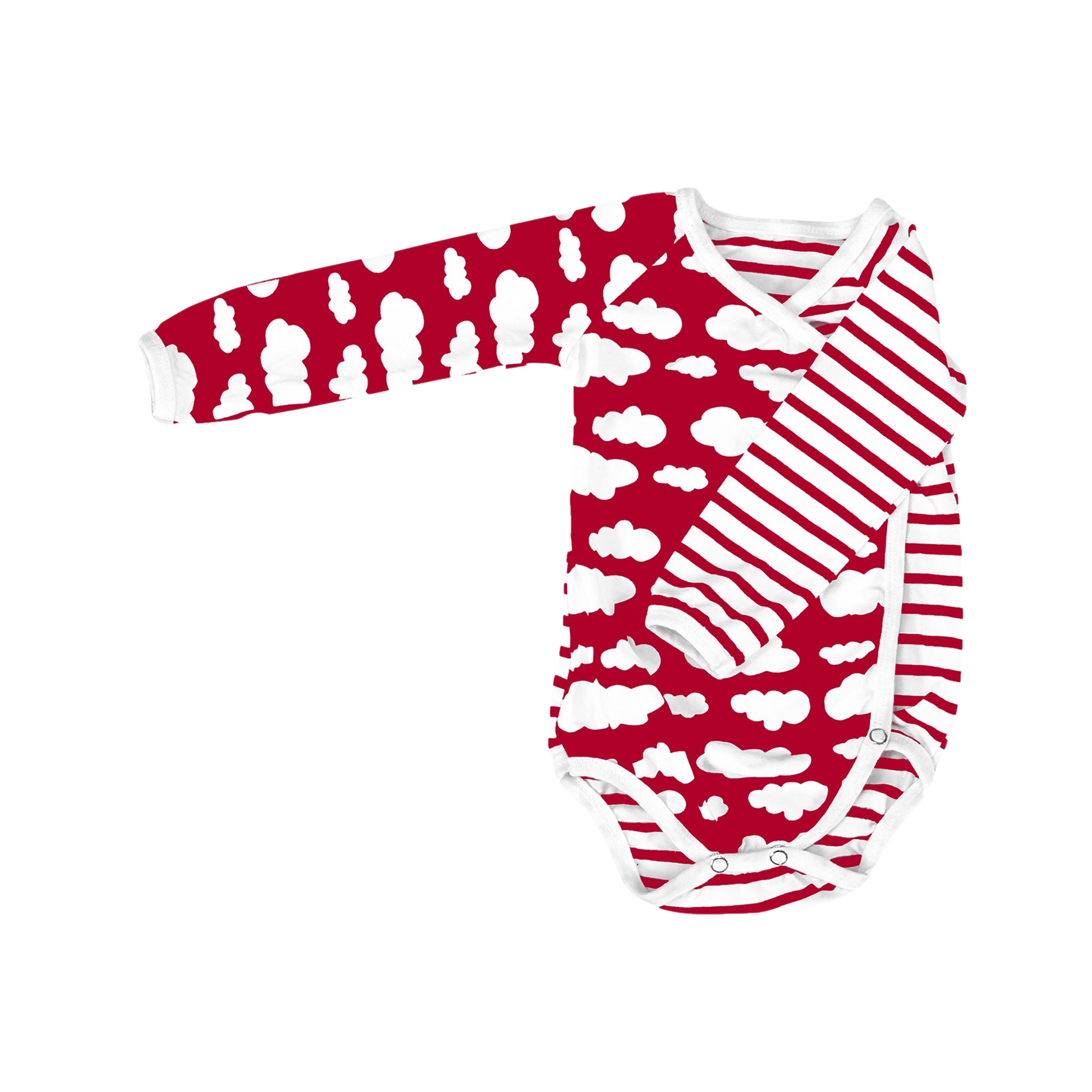 Omlottbody för baby i rött molnmönster med tryckknappar på sidorna.