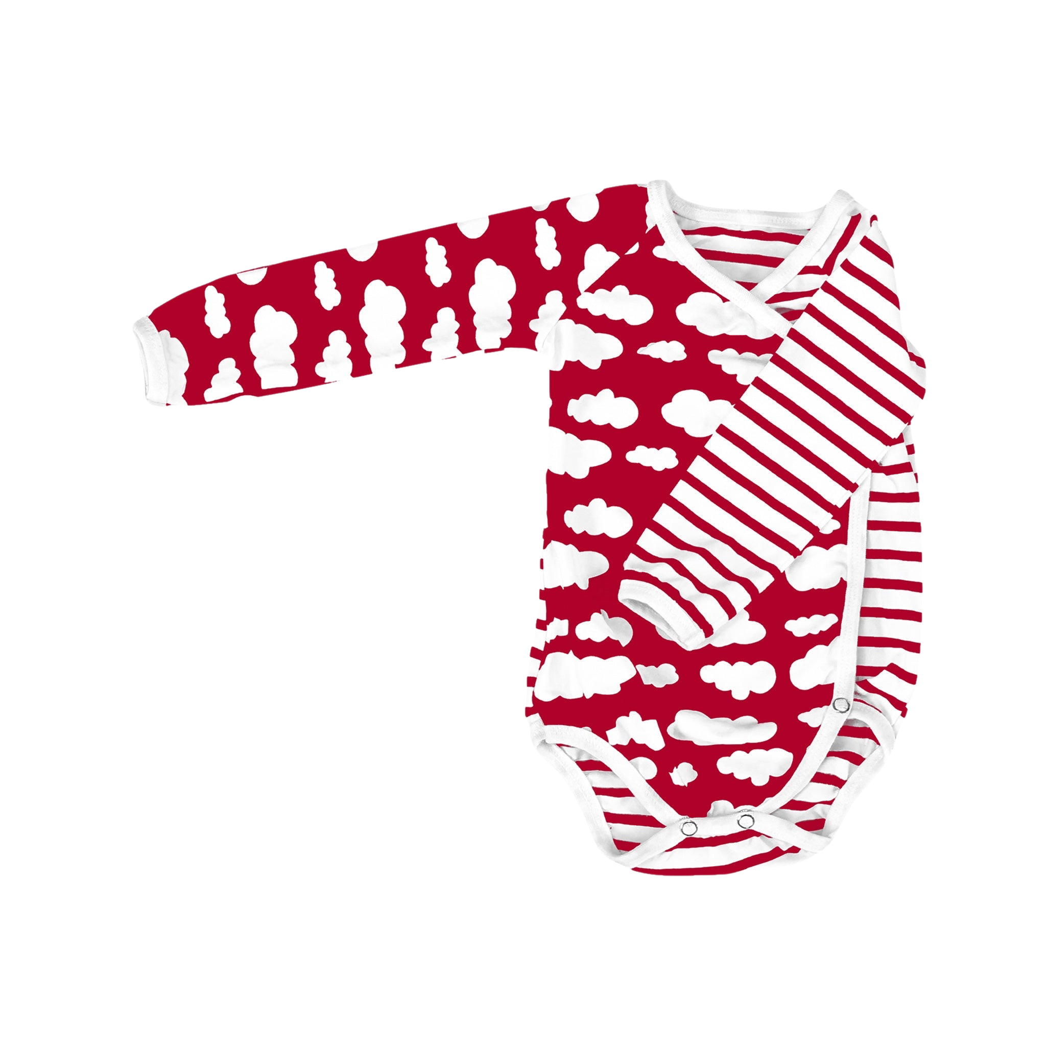Omlottbody för baby i rött molnmönster med tryckknappar på sidorna.