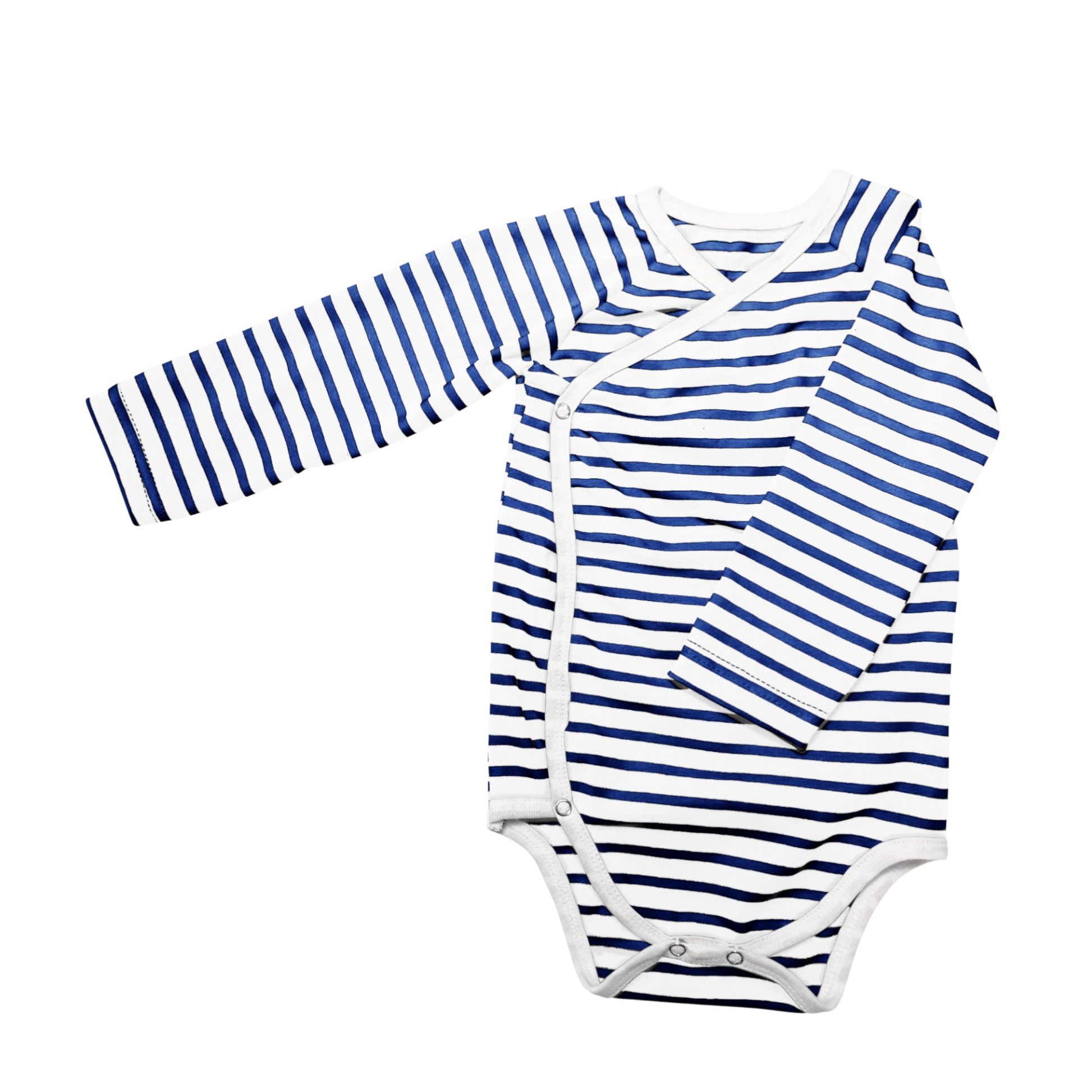 Omlottbody för baby i blå och vita ränder med tryckknappar på sidorna, ekologisk bomull.