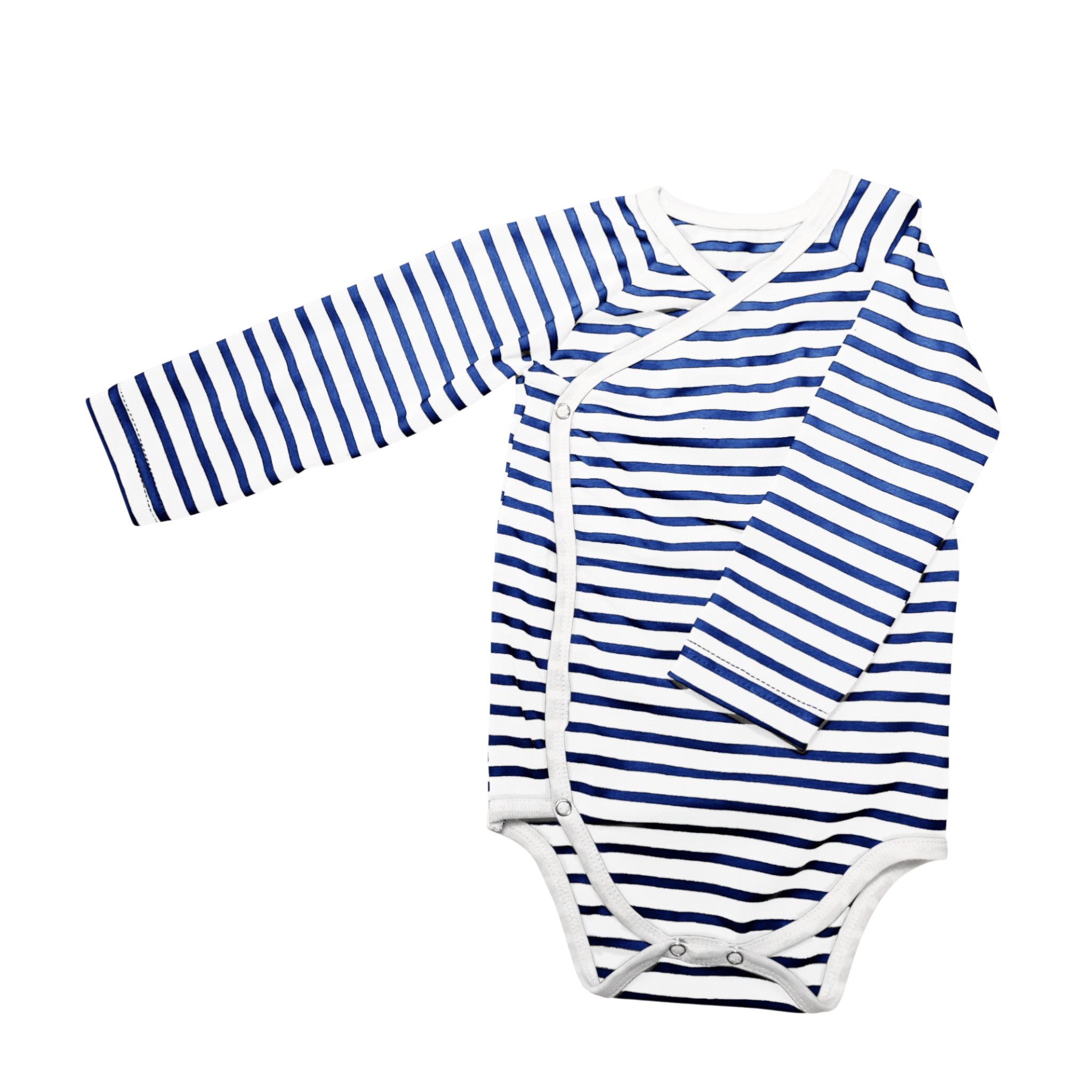Omlottbody för baby i blå och vita ränder med tryckknappar på sidorna, ekologisk bomull.