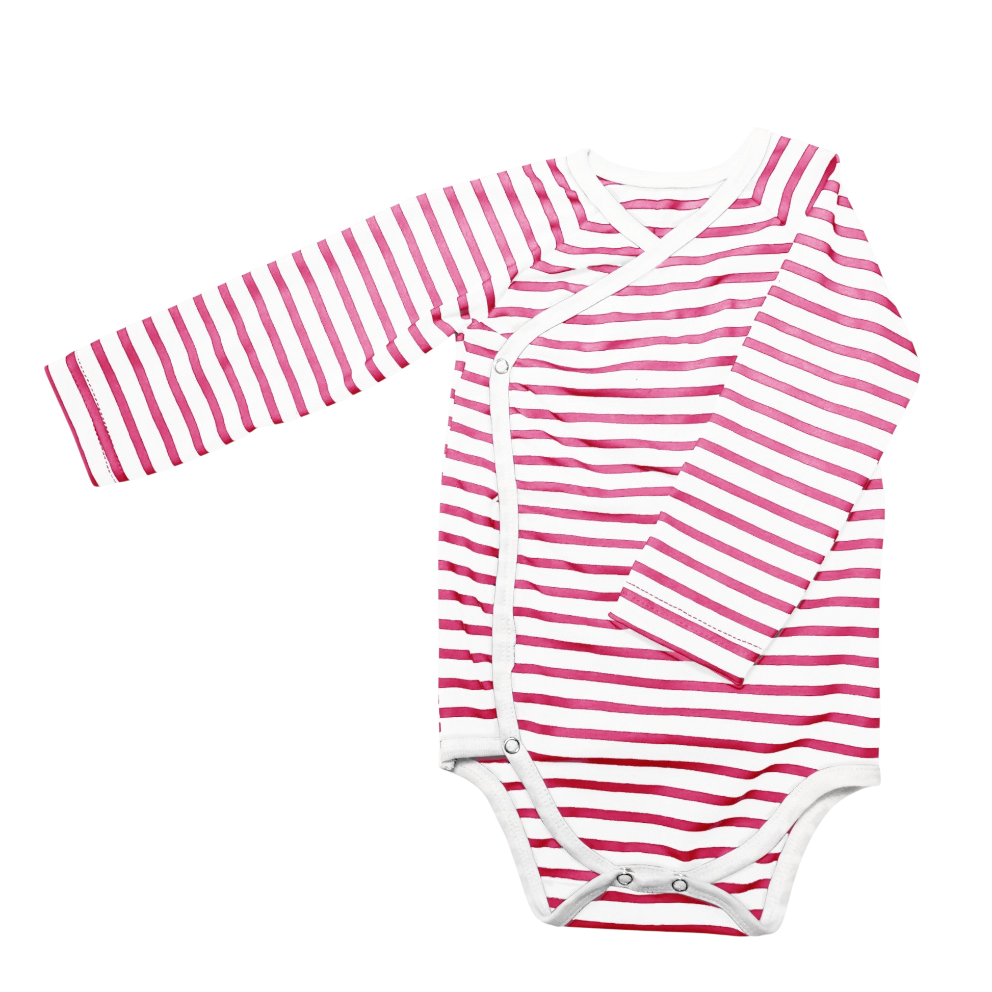 Omlottbody för baby i rosa och vita ränder med tryckknappar på sidorna, ekologisk bomull.