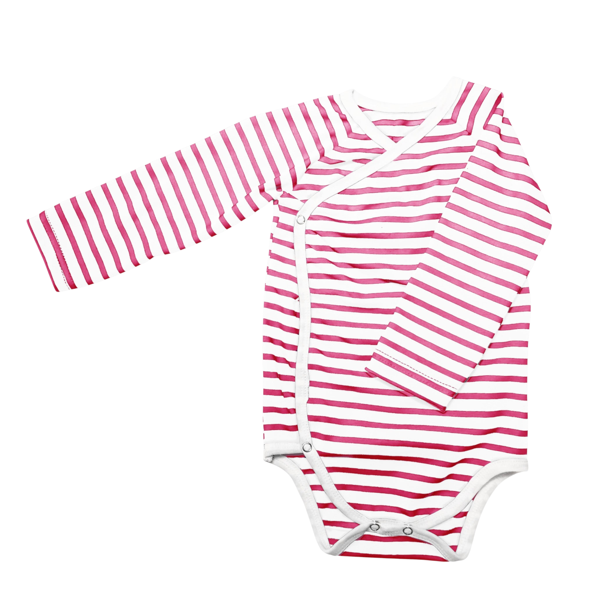 Omlottbody för baby i rosa och vita ränder med tryckknappar på sidorna, ekologisk bomull.