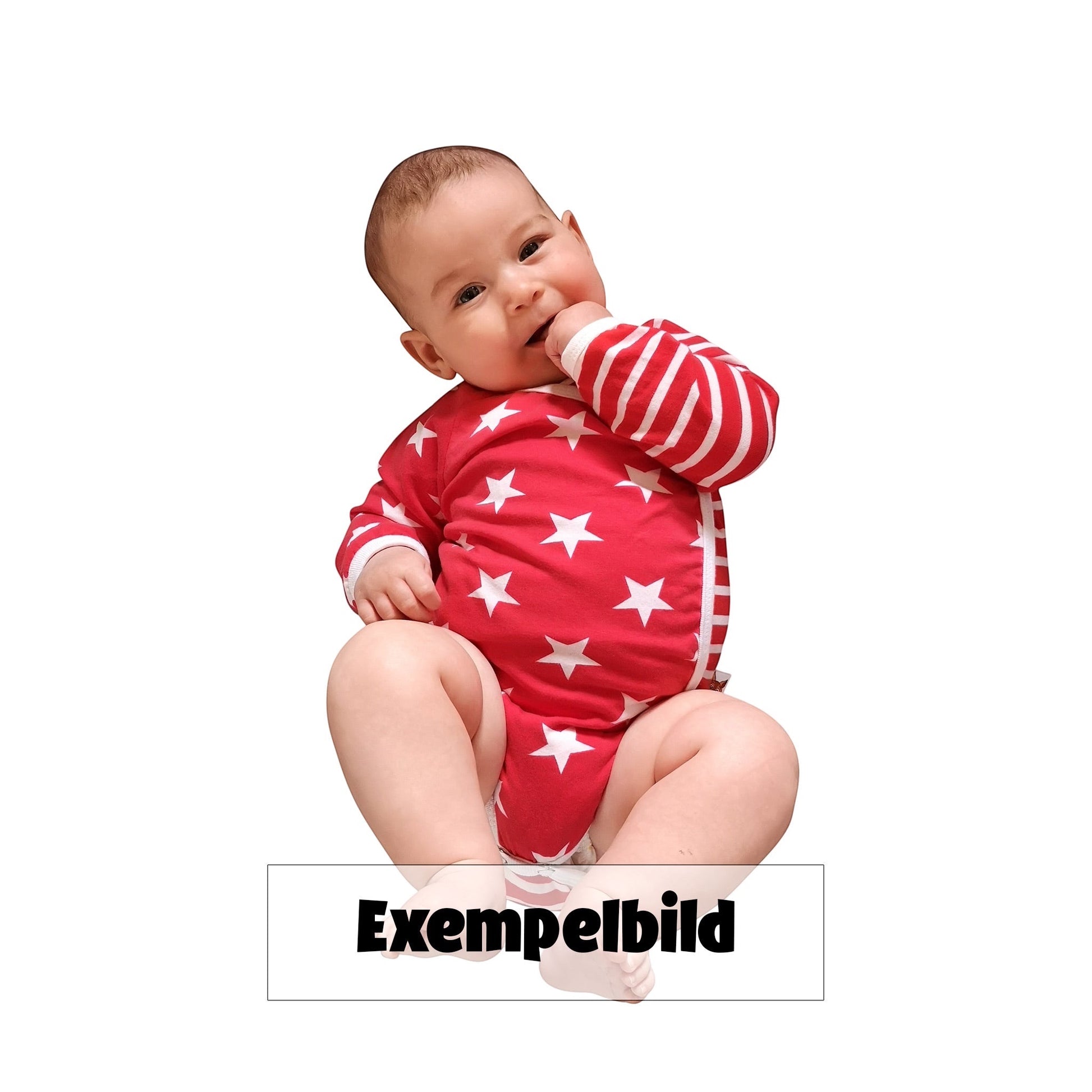 Omlottbody för baby i rött med stjärnor, tryckknappar på sidan.