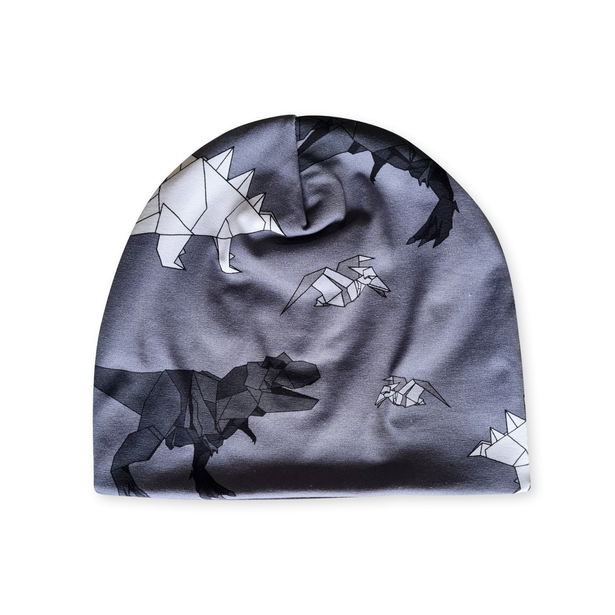 Mössa för barn med origami-dinosträrnmönster och mjukt bomullsfoder.