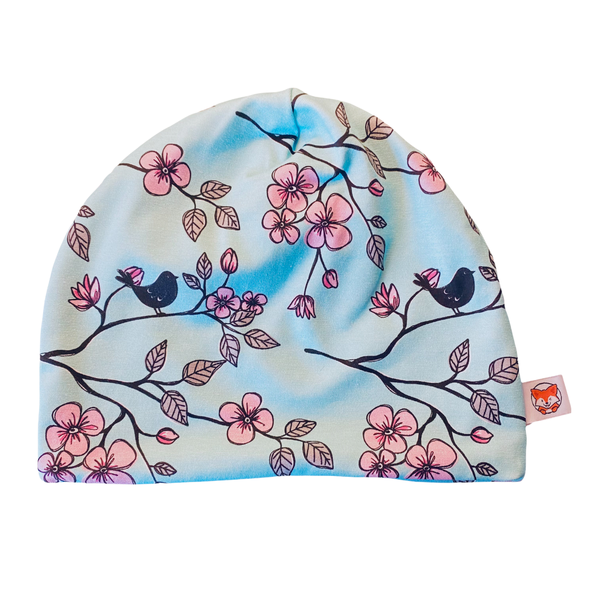 Mössa för barn i mint med blommor och fåglar, mjukt bomullsfoder.